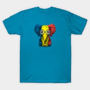 Baby Elephant with Glasses and Romanian Flag T-Shirt